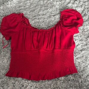Red Smocked Puff Sleeve Top